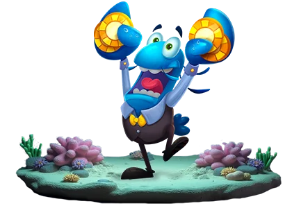 Yabby mascot holding up two gold casino chips