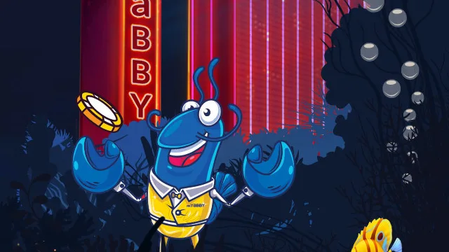 Yabby Casino mascot outside the neon Yabby tower